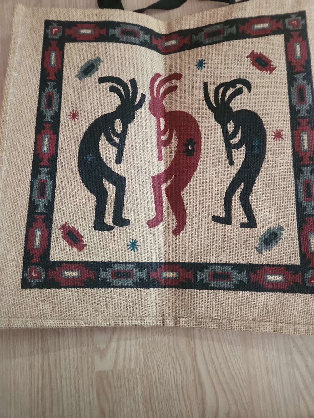 Jute Tote Bag with Kokopelli Print - Red & Black